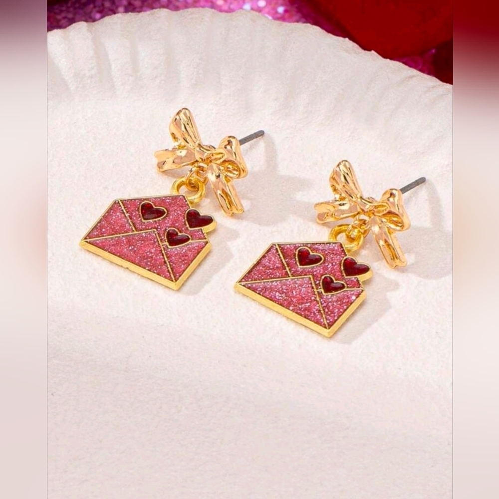Coquette Bow Stud Earring , Enameled Heart Love Envelop Dangle Ear - Picture 2 of 8